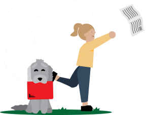 a girl in a yellow uniform chases after a document floating through the air. Jango the Smart dog sits next to her.